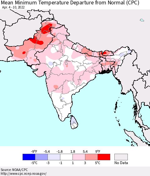 Southern Asia Mean Minimum Temperature Departure from Normal (CPC) Thematic Map For 4/4/2022 - 4/10/2022