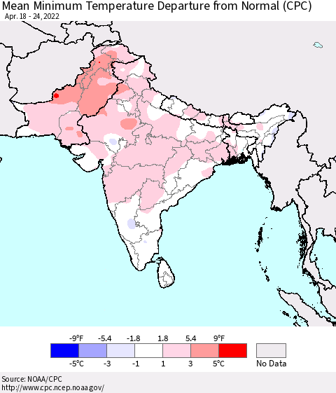 Southern Asia Mean Minimum Temperature Departure from Normal (CPC) Thematic Map For 4/18/2022 - 4/24/2022