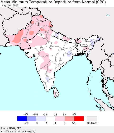 Southern Asia Mean Minimum Temperature Departure from Normal (CPC) Thematic Map For 5/2/2022 - 5/8/2022
