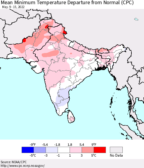 Southern Asia Minimum Temperature Departure From Normal (CPC) Thematic Map For 5/9/2022 - 5/15/2022