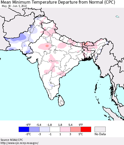Southern Asia Minimum Temperature Departure From Normal (CPC) Thematic Map For 5/30/2022 - 6/5/2022