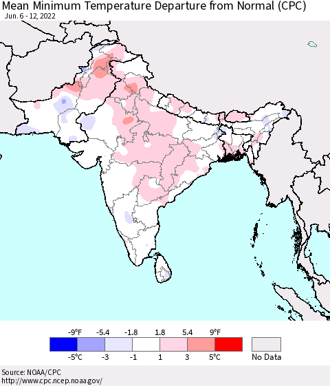 Southern Asia Mean Minimum Temperature Departure from Normal (CPC) Thematic Map For 6/6/2022 - 6/12/2022