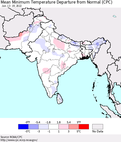 Southern Asia Mean Minimum Temperature Departure from Normal (CPC) Thematic Map For 6/13/2022 - 6/19/2022
