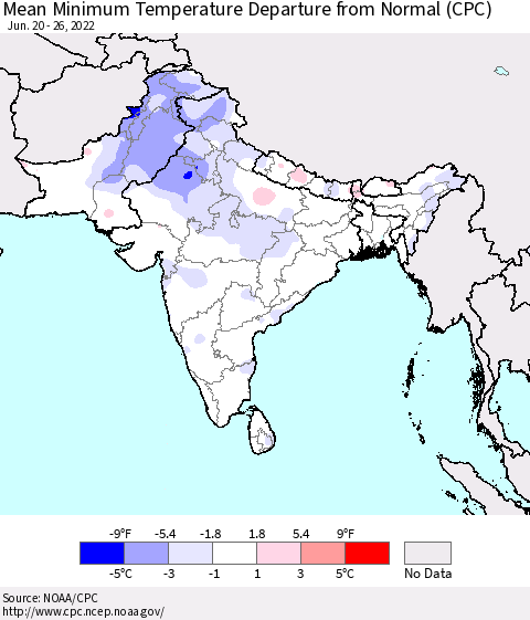 Southern Asia Mean Minimum Temperature Departure from Normal (CPC) Thematic Map For 6/20/2022 - 6/26/2022