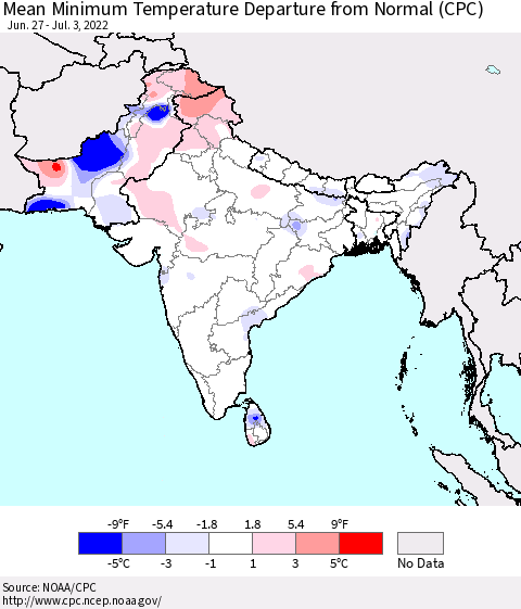Southern Asia Mean Minimum Temperature Departure from Normal (CPC) Thematic Map For 6/27/2022 - 7/3/2022