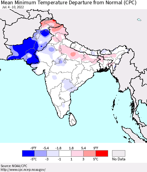 Southern Asia Minimum Temperature Departure From Normal (CPC) Thematic Map For 7/4/2022 - 7/10/2022