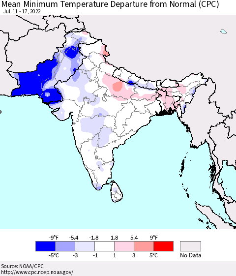 Southern Asia Mean Minimum Temperature Departure from Normal (CPC) Thematic Map For 7/11/2022 - 7/17/2022
