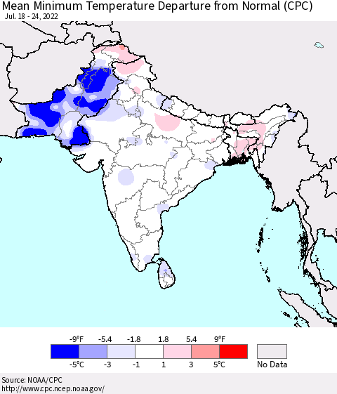 Southern Asia Minimum Temperature Departure From Normal (CPC) Thematic Map For 7/18/2022 - 7/24/2022