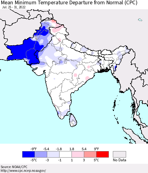 Southern Asia Mean Minimum Temperature Departure from Normal (CPC) Thematic Map For 7/25/2022 - 7/31/2022