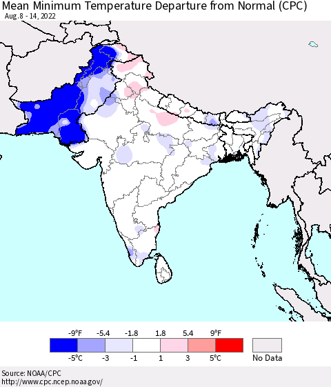 Southern Asia Mean Minimum Temperature Departure from Normal (CPC) Thematic Map For 8/8/2022 - 8/14/2022