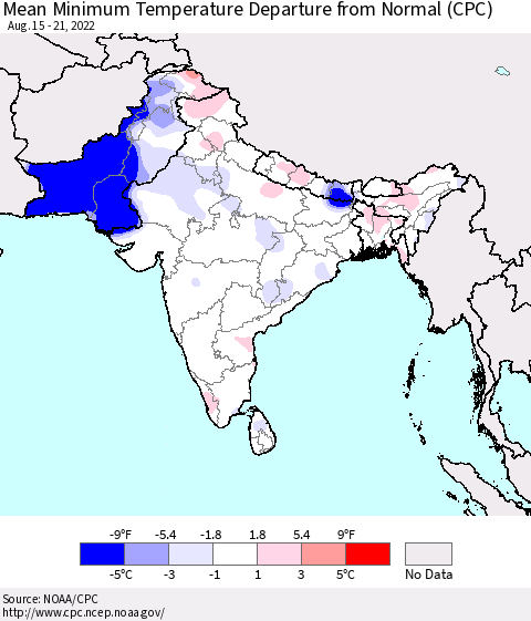 Southern Asia Mean Minimum Temperature Departure from Normal (CPC) Thematic Map For 8/15/2022 - 8/21/2022