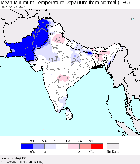 Southern Asia Mean Minimum Temperature Departure from Normal (CPC) Thematic Map For 8/22/2022 - 8/28/2022