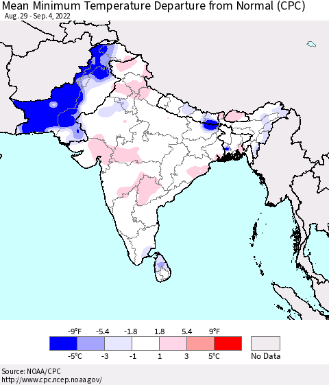 Southern Asia Mean Minimum Temperature Departure from Normal (CPC) Thematic Map For 8/29/2022 - 9/4/2022