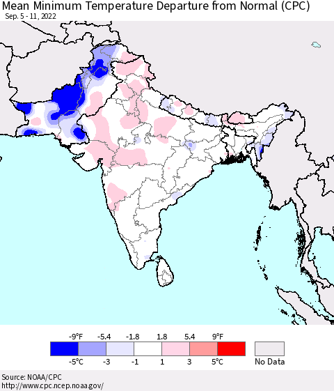 Southern Asia Mean Minimum Temperature Departure from Normal (CPC) Thematic Map For 9/5/2022 - 9/11/2022