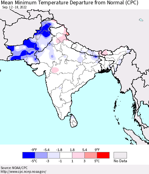 Southern Asia Mean Minimum Temperature Departure from Normal (CPC) Thematic Map For 9/12/2022 - 9/18/2022