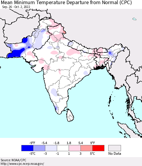 Southern Asia Mean Minimum Temperature Departure from Normal (CPC) Thematic Map For 9/26/2022 - 10/2/2022