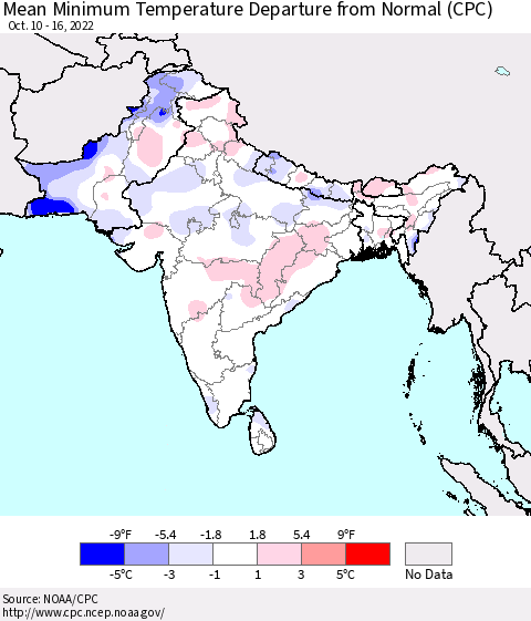 Southern Asia Mean Minimum Temperature Departure from Normal (CPC) Thematic Map For 10/10/2022 - 10/16/2022