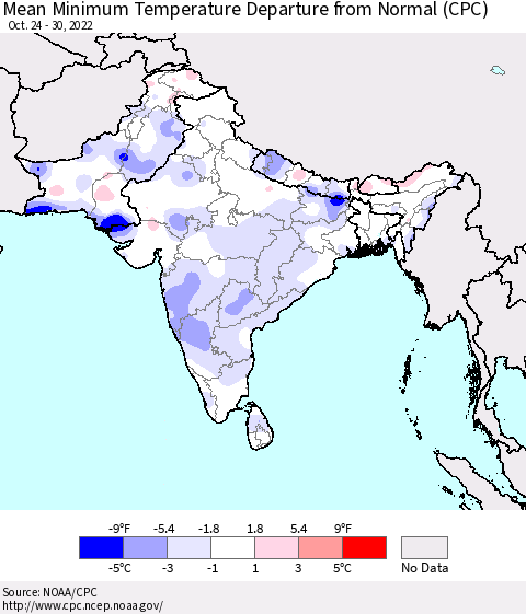 Southern Asia Mean Minimum Temperature Departure from Normal (CPC) Thematic Map For 10/24/2022 - 10/30/2022
