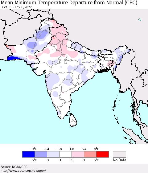 Southern Asia Mean Minimum Temperature Departure from Normal (CPC) Thematic Map For 10/31/2022 - 11/6/2022