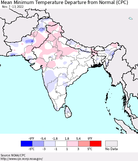 Southern Asia Mean Minimum Temperature Departure from Normal (CPC) Thematic Map For 11/7/2022 - 11/13/2022