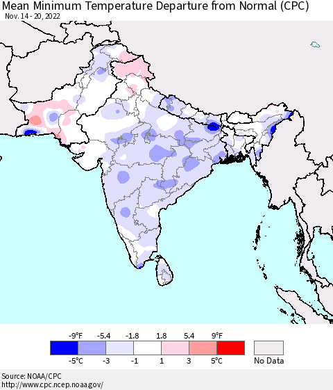 Southern Asia Mean Minimum Temperature Departure from Normal (CPC) Thematic Map For 11/14/2022 - 11/20/2022