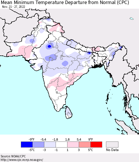 Southern Asia Mean Minimum Temperature Departure from Normal (CPC) Thematic Map For 11/21/2022 - 11/27/2022