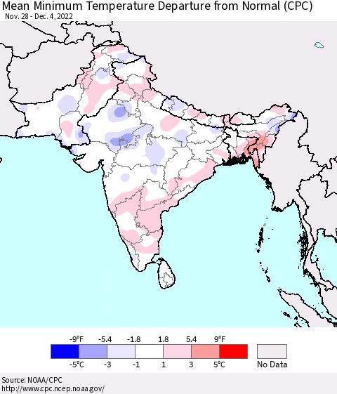 Southern Asia Mean Minimum Temperature Departure from Normal (CPC) Thematic Map For 11/28/2022 - 12/4/2022