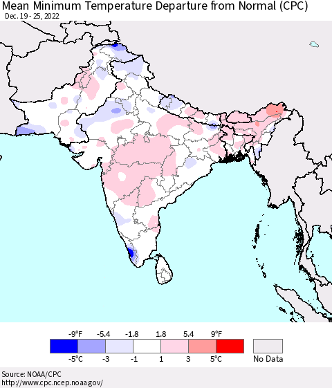 Southern Asia Mean Minimum Temperature Departure from Normal (CPC) Thematic Map For 12/19/2022 - 12/25/2022