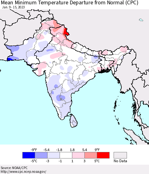 Southern Asia Mean Minimum Temperature Departure from Normal (CPC) Thematic Map For 1/9/2023 - 1/15/2023