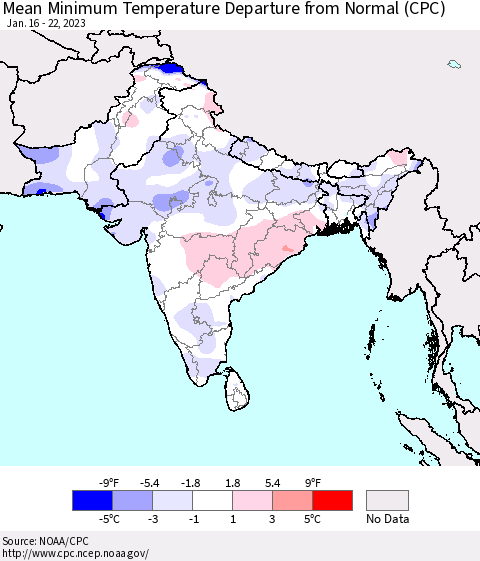 Southern Asia Mean Minimum Temperature Departure from Normal (CPC) Thematic Map For 1/16/2023 - 1/22/2023
