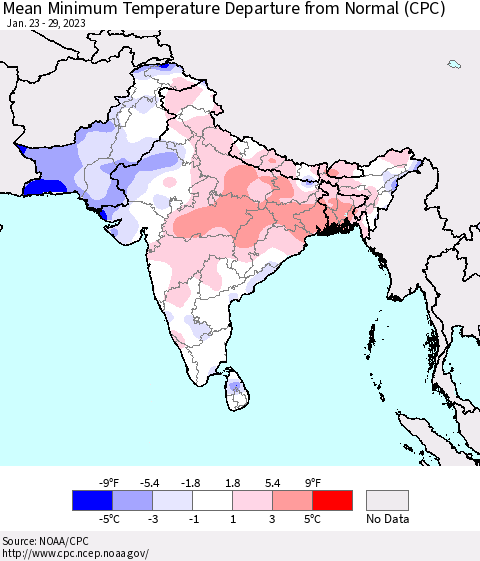 Southern Asia Mean Minimum Temperature Departure from Normal (CPC) Thematic Map For 1/23/2023 - 1/29/2023