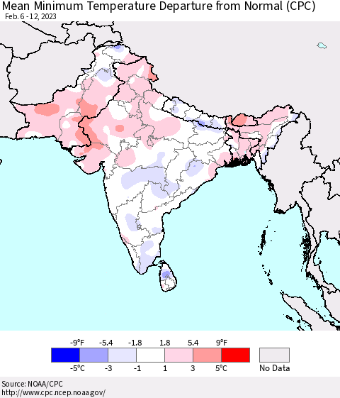 Southern Asia Mean Minimum Temperature Departure from Normal (CPC) Thematic Map For 2/6/2023 - 2/12/2023