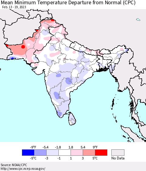 Southern Asia Mean Minimum Temperature Departure from Normal (CPC) Thematic Map For 2/13/2023 - 2/19/2023