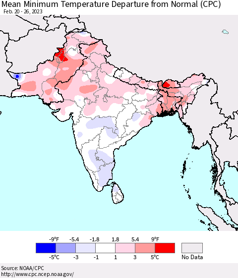Southern Asia Mean Minimum Temperature Departure from Normal (CPC) Thematic Map For 2/20/2023 - 2/26/2023