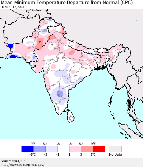 Southern Asia Mean Minimum Temperature Departure from Normal (CPC) Thematic Map For 3/6/2023 - 3/12/2023