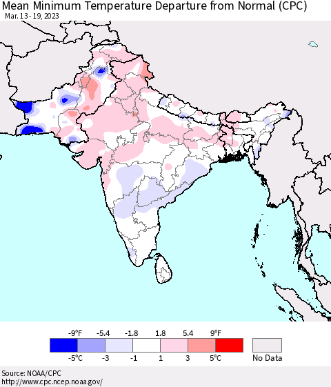Southern Asia Mean Minimum Temperature Departure from Normal (CPC) Thematic Map For 3/13/2023 - 3/19/2023