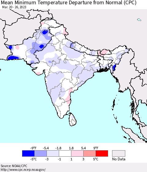 Southern Asia Mean Minimum Temperature Departure from Normal (CPC) Thematic Map For 3/20/2023 - 3/26/2023
