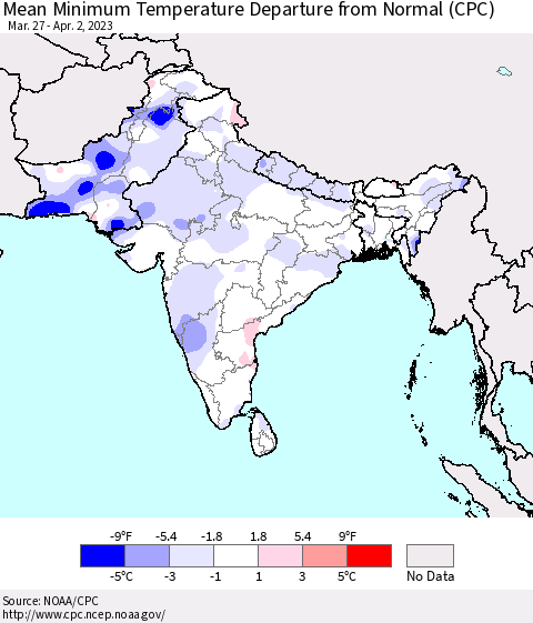 Southern Asia Mean Minimum Temperature Departure from Normal (CPC) Thematic Map For 3/27/2023 - 4/2/2023