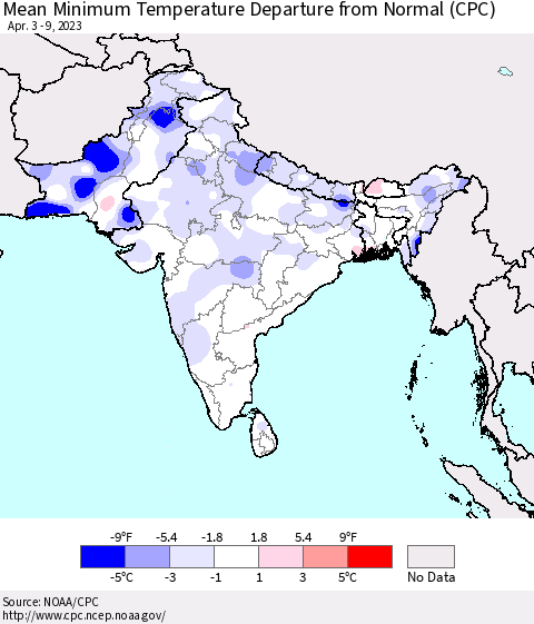 Southern Asia Mean Minimum Temperature Departure from Normal (CPC) Thematic Map For 4/3/2023 - 4/9/2023