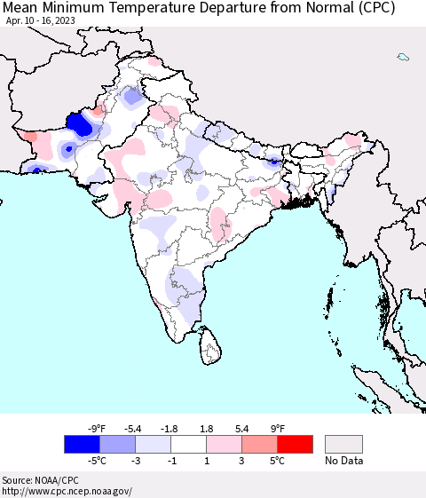 Southern Asia Mean Minimum Temperature Departure from Normal (CPC) Thematic Map For 4/10/2023 - 4/16/2023