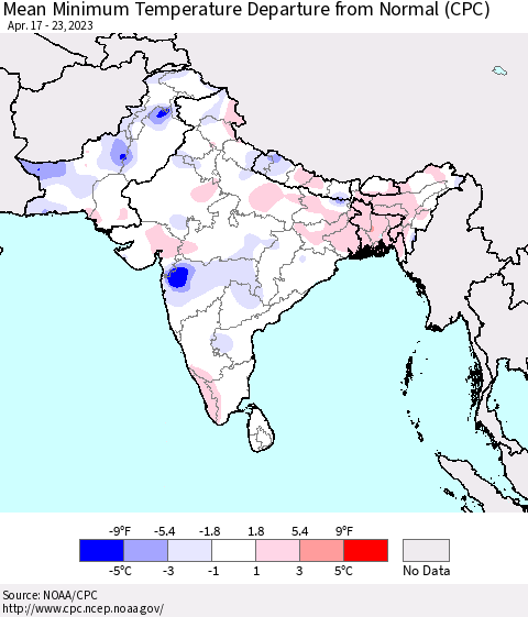 Southern Asia Mean Minimum Temperature Departure from Normal (CPC) Thematic Map For 4/17/2023 - 4/23/2023