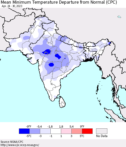 Southern Asia Mean Minimum Temperature Departure from Normal (CPC) Thematic Map For 4/24/2023 - 4/30/2023