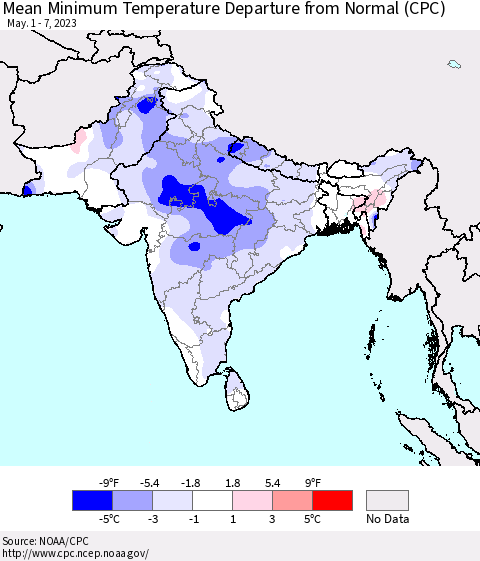 Southern Asia Mean Minimum Temperature Departure from Normal (CPC) Thematic Map For 5/1/2023 - 5/7/2023