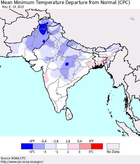Southern Asia Mean Minimum Temperature Departure from Normal (CPC) Thematic Map For 5/8/2023 - 5/14/2023
