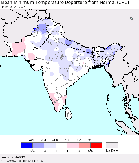 Southern Asia Mean Minimum Temperature Departure from Normal (CPC) Thematic Map For 5/15/2023 - 5/21/2023