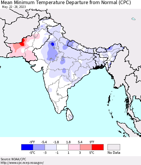 Southern Asia Mean Minimum Temperature Departure from Normal (CPC) Thematic Map For 5/22/2023 - 5/28/2023