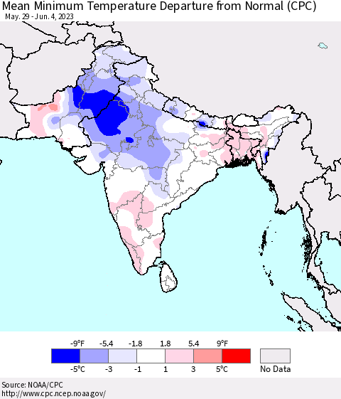 Southern Asia Mean Minimum Temperature Departure from Normal (CPC) Thematic Map For 5/29/2023 - 6/4/2023