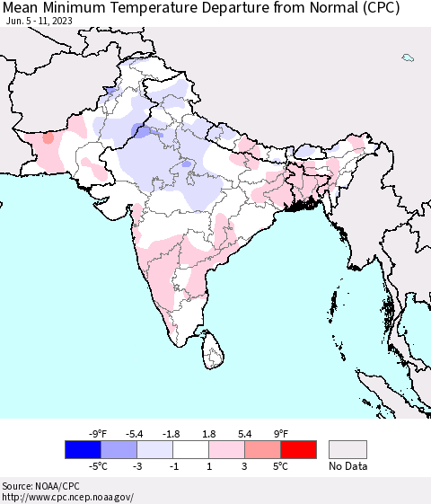 Southern Asia Mean Minimum Temperature Departure from Normal (CPC) Thematic Map For 6/5/2023 - 6/11/2023