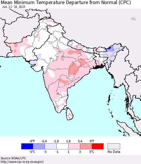 Southern Asia Mean Minimum Temperature Departure from Normal (CPC) Thematic Map For 6/12/2023 - 6/18/2023
