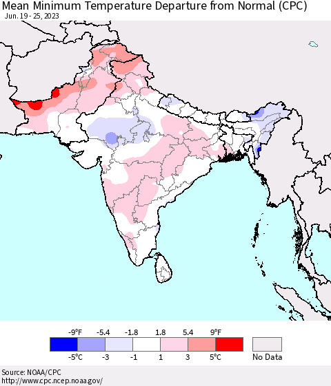 Southern Asia Mean Minimum Temperature Departure from Normal (CPC) Thematic Map For 6/19/2023 - 6/25/2023
